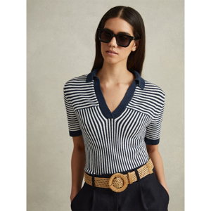 REISS STEVIE Linen Blend Open Collar Striped Polo Shirt